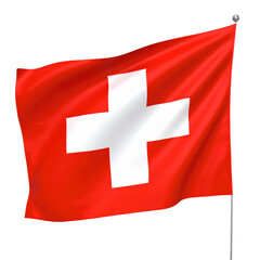 Red flag with a bold white cross centered, symbolizing the national flag of Switzerland, waving with visible fabric folds and a silver flagpole top