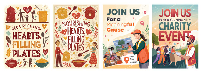 A vibrant collection of charity event posters featuring community engagement themes and colorful designs.