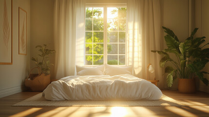 a cozy minimalist bedroom with morning sunlight shining through the window