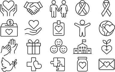 Fototapeta premium Love Friendship Care and Charity Editable Stroke Outline Icon Set Minimal Vector Pictograms for Giving and Kindness