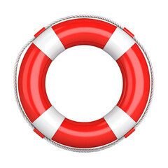 Red and white lifebuoy ring with a rope around its perimeter, designed for water safety and rescue purposes