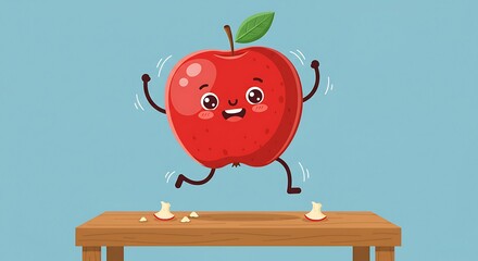 Cheerful apple cartoon character jumping on table with food waste illustration