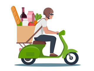 Person on green scooter delivers groceries, including baguette, wine, and vegetables, wearing helmet and sunglasses. scene conveys sense of efficiency and modern urban lifestyle