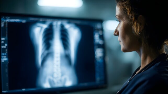 Bone density scan displayed on medical monitor in hospital setting