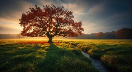 Fototapeta premium A majestic autumn tree with red leaves stands alone in a sunlit meadow at sunrise. A tranquil stream flows through the vibrant green grass, creating a serene and beautiful landscape.