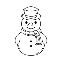  snowman wearing a scarf and top hat in a simple doodle style, perfect for coloring pages and holiday themes.