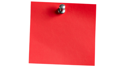 A single red paper note pinned with a bright yellow pushpin isolated on transparent background