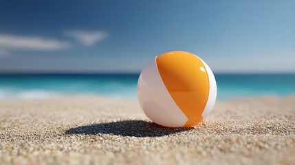 Striped beach ball on the sandy beach summer vacation holiday scene