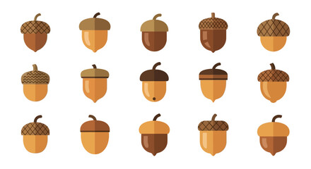 A diverse set of stylized acorn icons in warm brown and orange tones, featuring various flat design patterns and shapes.