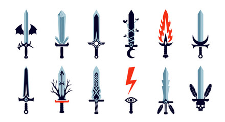 A diverse set of stylized fantasy sword icons, featuring magical elements like flames, wings, crystals, and skulls.
