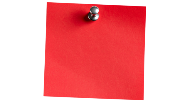 A single red paper note pinned with a bright yellow pushpin isolated on transparent background