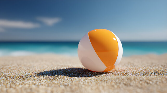 Striped beach ball on the sandy beach summer vacation holiday scene