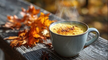 Aromatic golden milk is steaming in a rustic mug on a wooden surface, surrounded by vibrant autumn leaves and spices, evoking a warm and inviting atmosphere