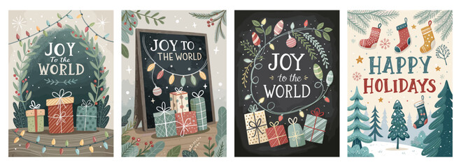 Colorful holiday-themed illustrations featuring festive gifts, decorations, and joyful messages.