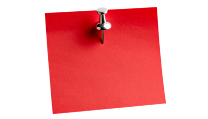 A single red paper note pinned with a bright yellow pushpin isolated on transparent background