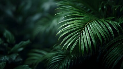 Lush tropical foliage with intricate leaf patterns and dramatic lighting