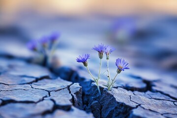 Resilience personified: Delicate purple flowers blooming from cracked earth, symbolizing hope and perseverance.