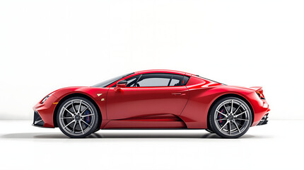 Sleek red luxury sports car side profile view isolated on a clean white background studio shot. Modern supercar design, performance, and automotive elegance concept