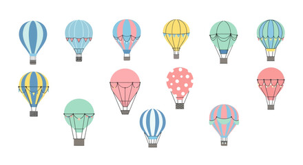 A whimsical collection of twelve pastel-colored hot air balloons with decorative patterns and banners, in a flat illustrative style.