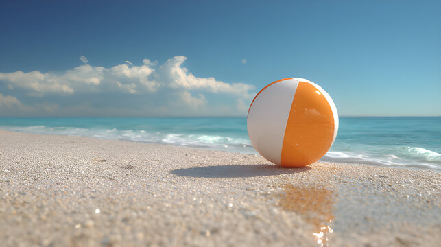 Striped beach ball on the sandy beach summer vacation holiday scene