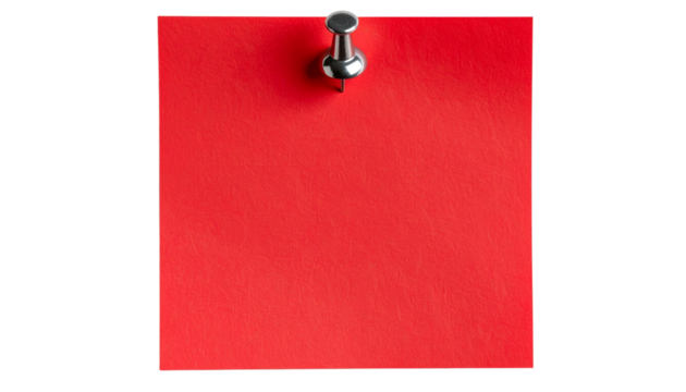 Red Sticky Note with red Pushpin Isolated on Transparent Background. Red sticky post it note with red pushpin isolated on white or transparent background. PNG