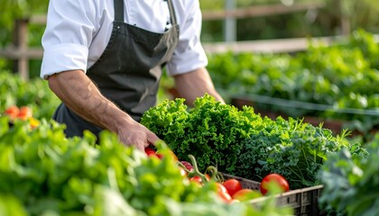 Realistic medium-shot from waist up of an anonymous chef harvesting fresh vegetables on a farm, wearing a chef&rsquo;s uniform and apron, natural skin tones, focused on the task, vibrant colors, bright dayl