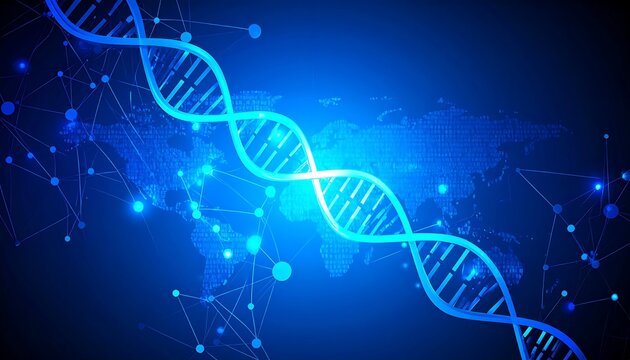 Futuristic DNA strand with global network connections shimmering in blue hues