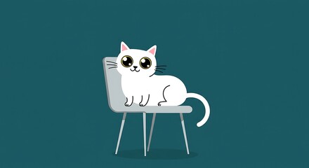 Cartoon white cat sitting on chair illustration for children and decoration