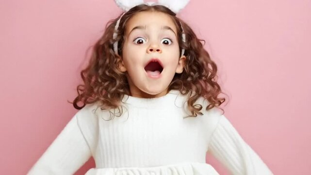 Young girl with bunny ears, expressing surprise and delight, reflecting Easter joy and childlike wonder, perfect for springtime or holiday themes