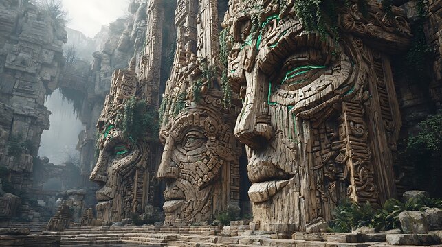 Sacred robotic figures carved into ancient pillars with glowing green lines