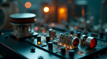 Close-up view of an illuminated electronic circuit board with connected cables and glowing indicators, representing advanced technology, engineering, and digital innovation.
