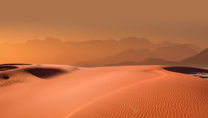 Panoramic view of orange sand dune desert with orange mountains and hill - Namib desert, Namibia