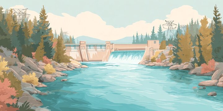 PASTEL PŁASKA ILUSTRACJA ZAPORY WODNEJ
