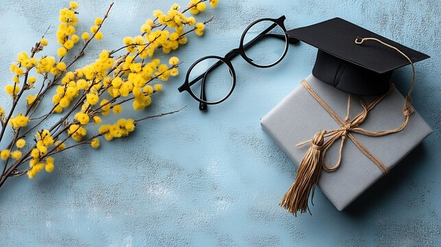 Graduation flatlay with pussy willow, cap, glasses, and gray gift box