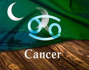 Cancer zodiac flag draped over wood