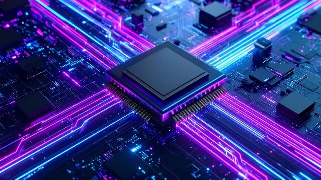 Circuit Board with Central Processing Unit and Neon Lights for Technology Future