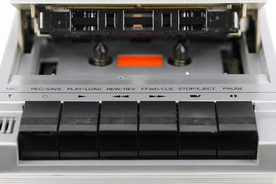 Portable cassette player with open cassette door