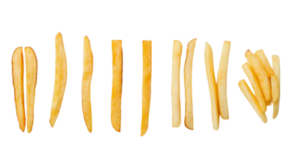 Various styles of french fries displayed in a row showcasing different cuts and frying techniques on transparent background