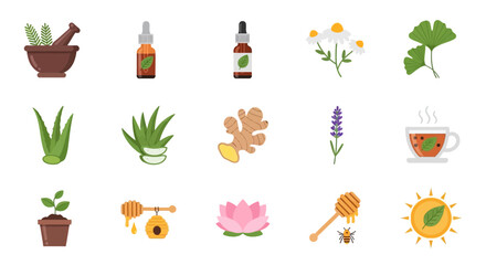 Collection of flat icons for herbal medicine, aromatherapy, and natural wellness, featuring plants, oils, and remedies.