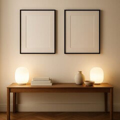 Two minimalist framed pictures hang above a wooden console table with glowing lamps and decorative objects
