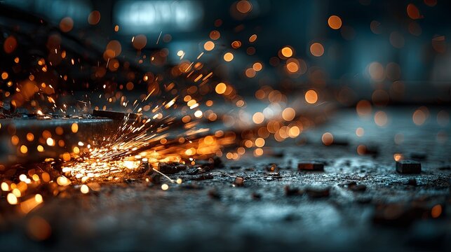 Intense sparks flying from metalwork on a dark surface.