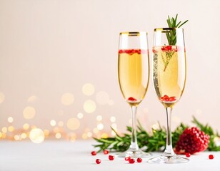 Two champagne flutes displaying sparkling wine with rosemary and pomegranate await a joyful toast during a festive occasion with bokeh lights.