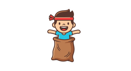 Fototapeta premium Happy boy participating in a sack race, illustrated in a cheerful cartoon style against a white background, showing a flat lay composition with warm colors.