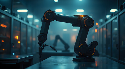 Close-up of an advanced robotic arm in a modern laboratory, showcasing precision engineering, artificial intelligence, and cutting-edge automation technology in action.