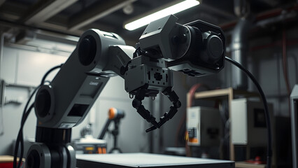 Close-up of an advanced robotic arm in a modern laboratory, showcasing precision engineering, artificial intelligence, and cutting-edge automation technology in action.