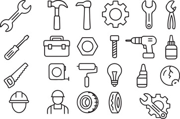 Fototapeta premium Repair Tools and Maintenance Editable Stroke Outline Icon Set Pixel Perfect Vector Icons for Fixing, DIY and Construction