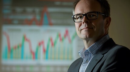 96. Investment seminar presenter with graphs in background