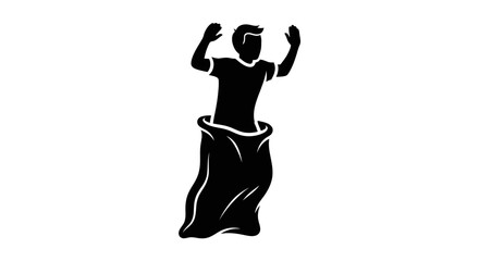 Silhouette of a man participating in a sack race, arms raised in joyful exertion, against a clean white background, with a simple black and white color scheme.