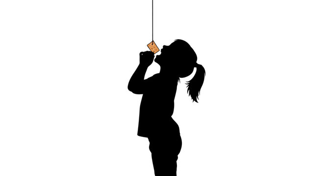 Silhouette of a girl playfully pulling a string against a white background, a simple vertical composition conveying a childlike curious mood.