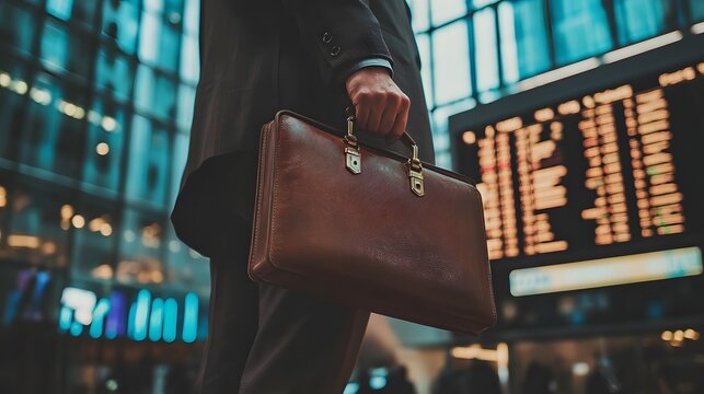 100. Investor holding a briefcase in front of stock ticker board